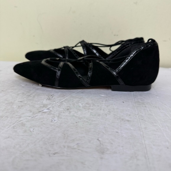 Brian Atwood Sanaa Suede Leather Lace Up Ballet Flats Shoes Pointy Toes Black - Picture 4 of 16